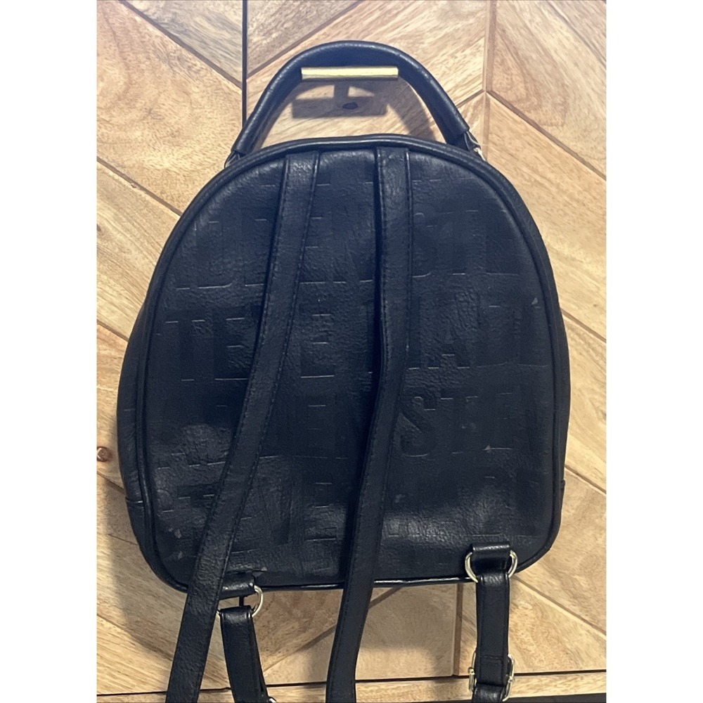 Steve Madden Small Backpack Embossed Logo Black & Gold Faux Leather Womens Bag - Picture 3 of 16
